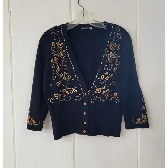 Vintage Sweaterworks Cropped Black Sweater Embroidered with Wooden Beads - Picture 5 of 5